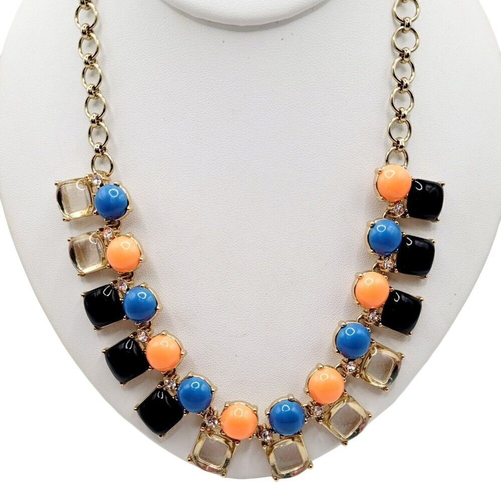 J. Crew Statement Necklace Coral Blue Gold Tone Poured Glass Look SIgned 21.5"